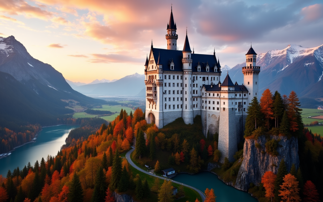 a castle on a hill with trees and a river with Neuschwanstein Castle in the background