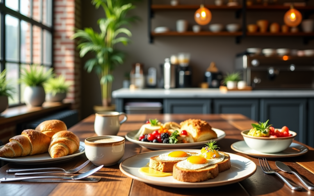 a table with plates of food and a fork