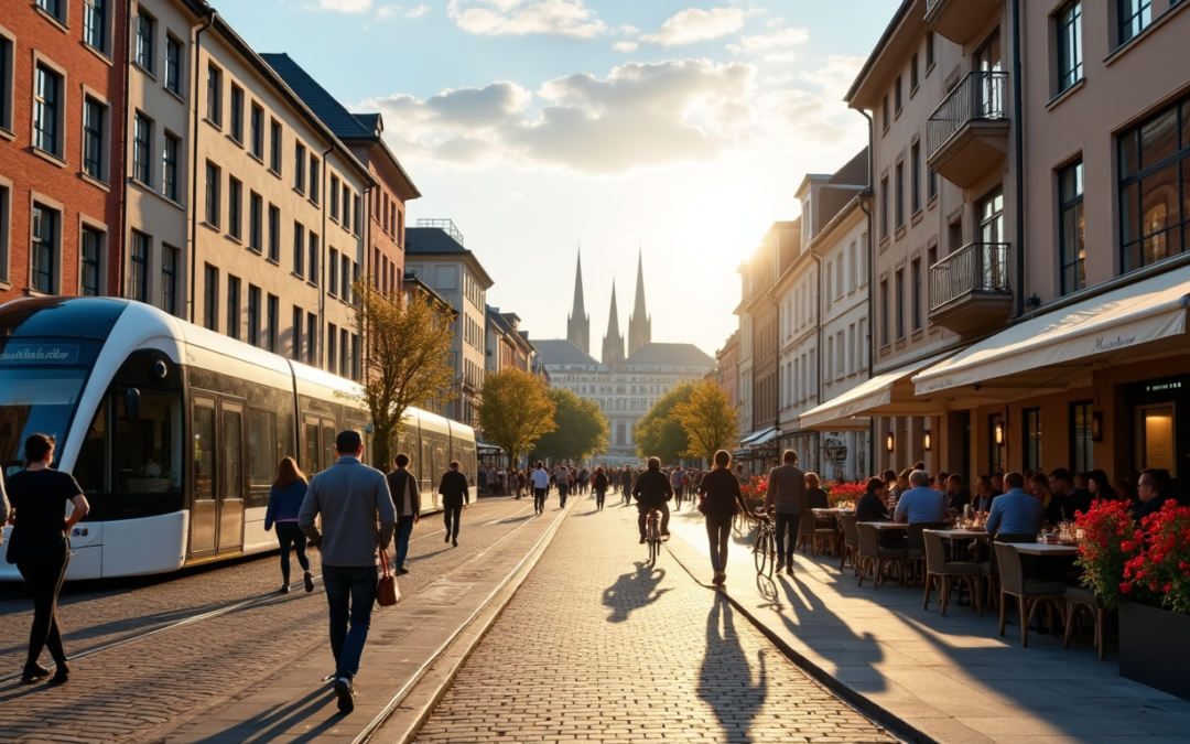 people walking on a sidewalk in a city
