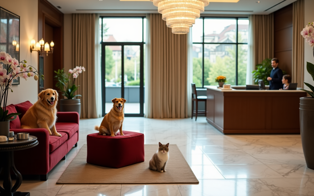 a dog and cat sitting on a red pouf in a living room